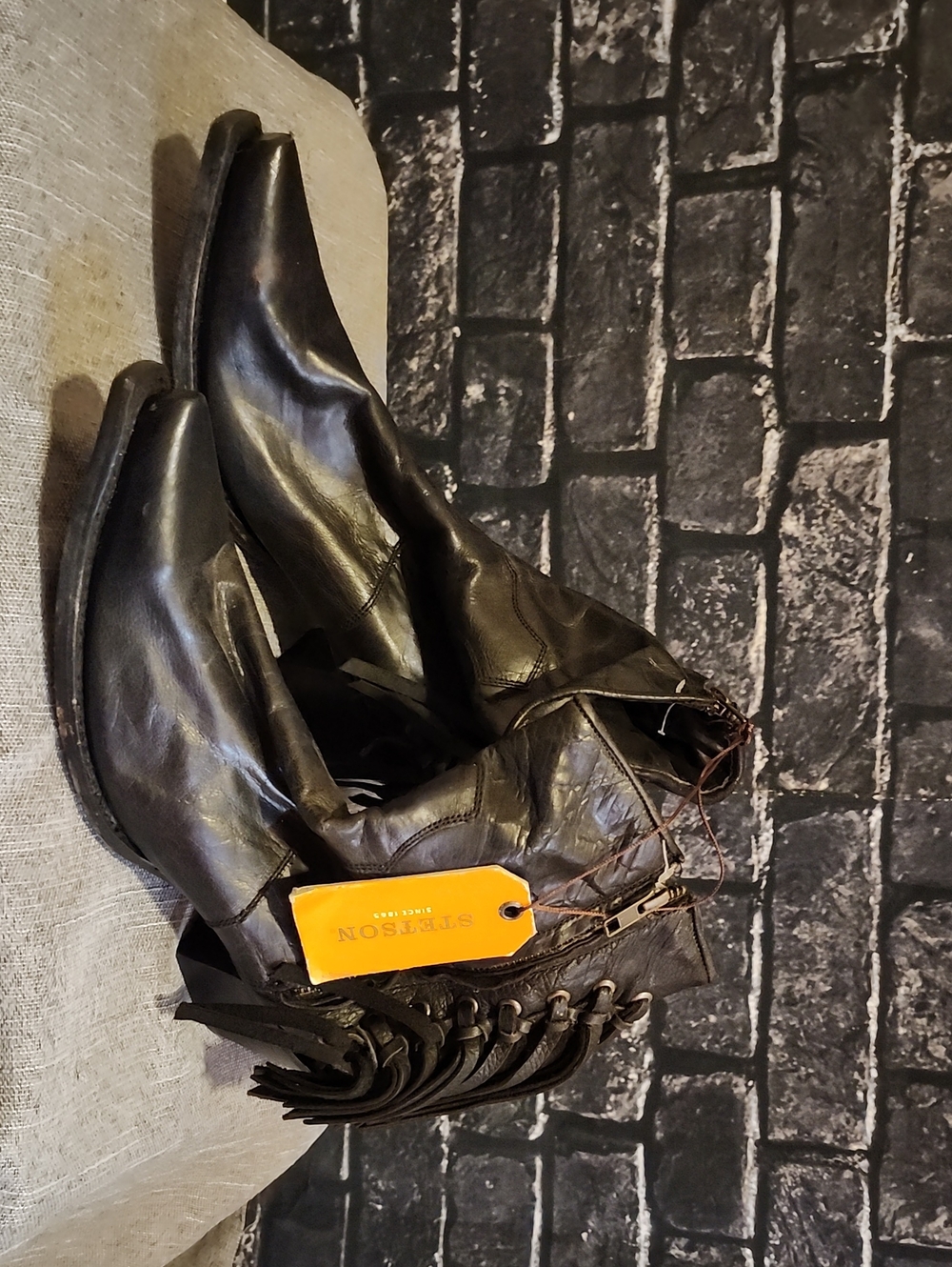 Stetson Black Leather Boots with Brown Zipper Detail